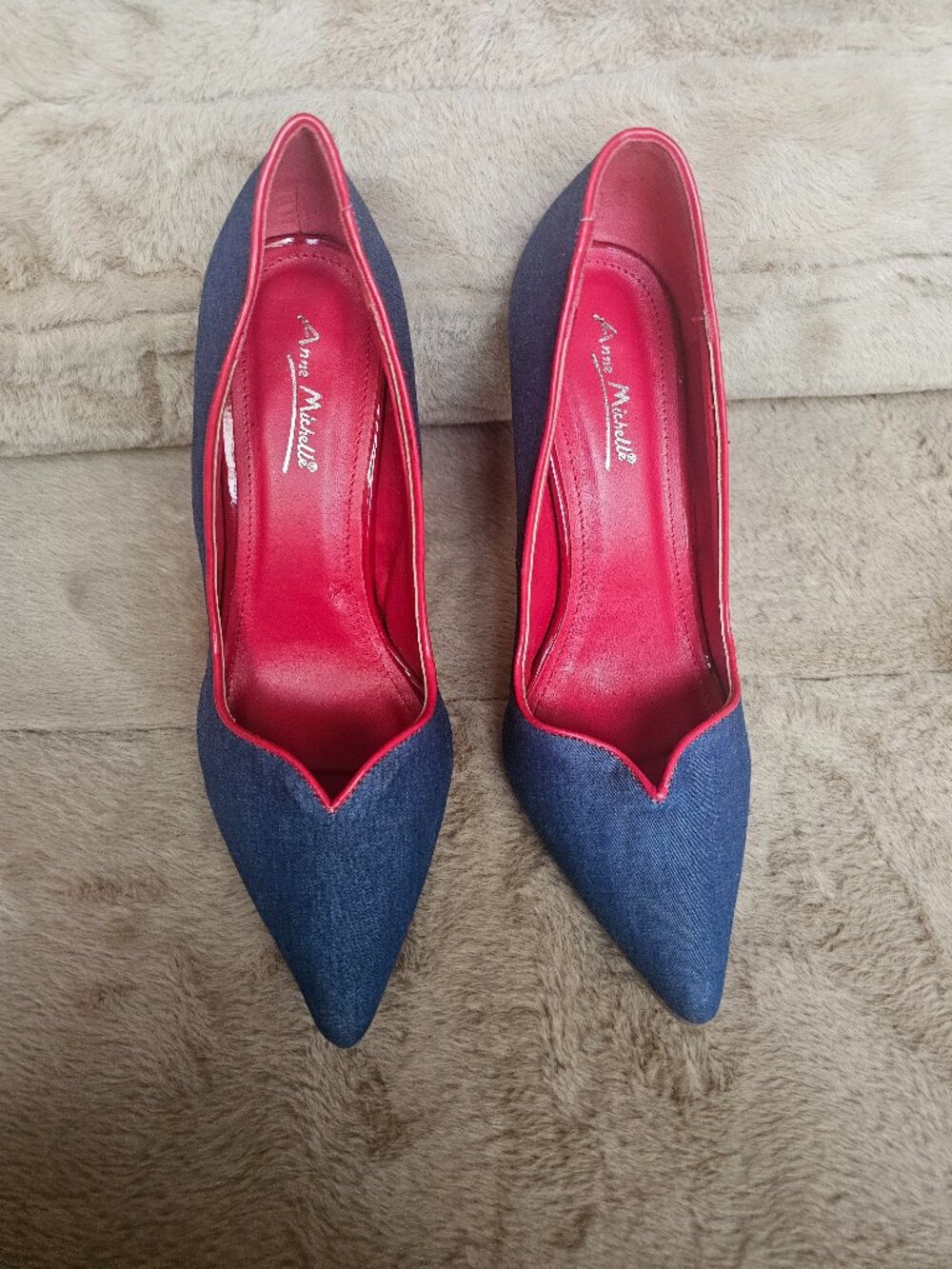 Anne Michelle Denim Pointed Toe Stiletto Pumps Red Trim Size 8
